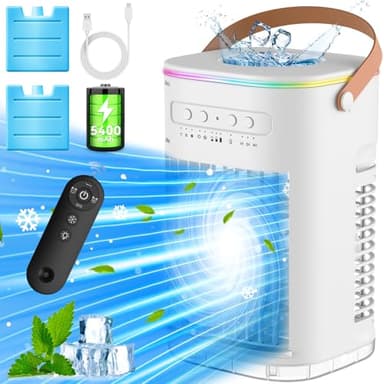 CENSTECH Small Portable Air Conditioners, 5400mAh Battery, 2Ice Packs Personal Air Conditioner, 7H Timer & 16.5ft Remote, 7Color Light, 1200ML Water Tank, 3Speed & 2Cool Mist Small AC Unit for Bedroom