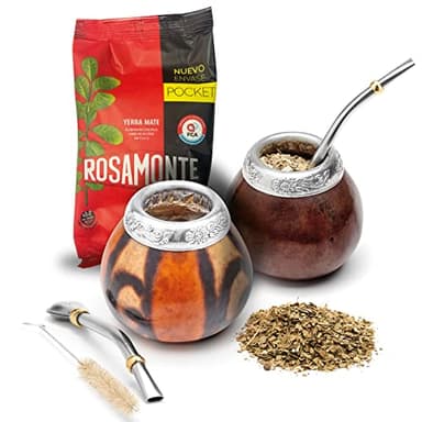BALIBETOV Yerba Mate Set - 2 Gourds, 100gr Loose Leaf, 2 Bombilla, 1 Cleaning Brush - Dark Brown (MAT02)