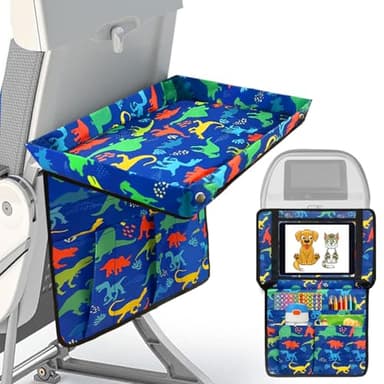 Adjustable Kids Tray Table Cover with Multi Portable Pockets, Airplane Travel Essentials for Kids, Toddlers, Adults, Airplane Must Haves, Plane Travel Essential, Travel Tray for Plane Train, Dinosaur