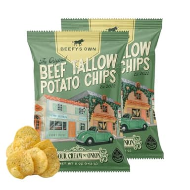 Beefy’s Own Beef Tallow Potato Chips - Kettle Chips Made Without Seed Oils, Gluten Free, Crispy, and Thick Cut - Old-Fashioned Small Batch Fried in Beef Tallow, Sour Cream and Onion (5 Oz, Pack of 2)