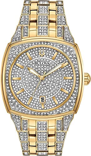 Bulova Men's Crystals Phantom Gold Tone Stainless Steel 3-Hand Quartz Watch, Cushion Shape Dial and Curved Mineral Crystal Style: 98B323
