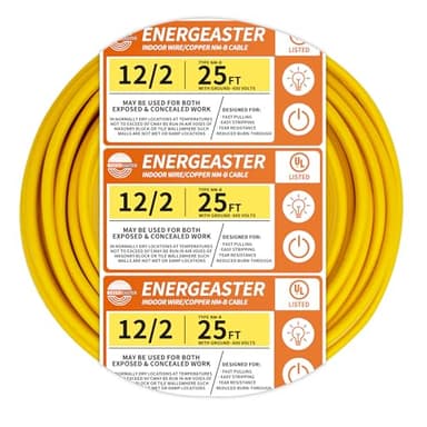 Energeaster Solid Indoor 12/2 W/G NMB Cable 25ft Coil，Electrical Wire 12 Gauge Wire 2 Conductors Non-Metallic with Ground Wire(Yellow)