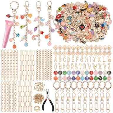 500Pcs Charms Lip Gloss Keychain Making Kit, DIY Craft Supplies with Charms, Key Chain Hooks, Jump Rings, Lobster Clasps, Chains & Tools, Jewelry Making Kit for Custom Keychains, Valentines Gifts