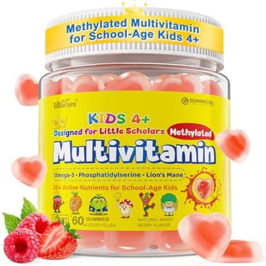 Kids Methylated Multivitamin Gummies + Omega 3 for Ages 4+, Lion's Mane, PS, Methylfolate & B12, B6, Vitamin D3, Zinc, C, Magnesium & Calcium, Kids Vitamins for Brain, Focus, Immune, Sugar Free, 60Cts