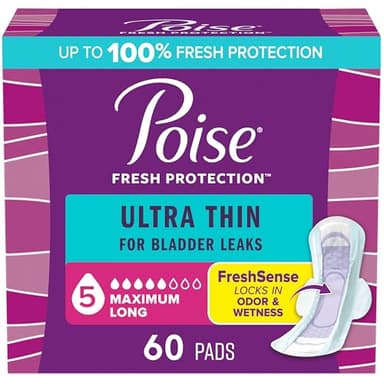 Poise Ultra Thin Incontinence & Postpartum Pads with Wings for Bladder Leaks, 5 Drop Maximum Absorbency, Long Length, 60 Count, Packaging May Vary