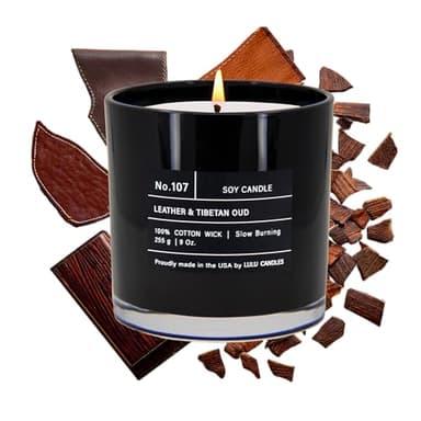 Lulu Candles | Leather & Tibetan Oud | Luxury Scented Soy Jar Candle | Hand Poured in The USA | Highly Scented & Long Lasting- 9 Oz.