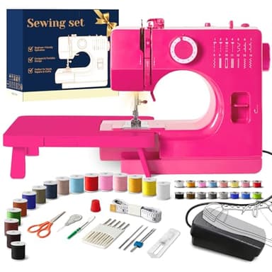 Portable Mini Sewing Machine for Beginners, 14 Stitches, Easy Dial Control, LED Light & Extension Table, Compact Lightweight for Home DIY Mending, Ideal Gift for Kids Adults Bright pink