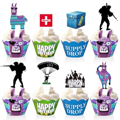 Video Game Cupcake Toppers Wrappers Party Supplies Favors - 96 Pcs Llama Cake Toppers Cupcake Decorations for Birthday Party Decor