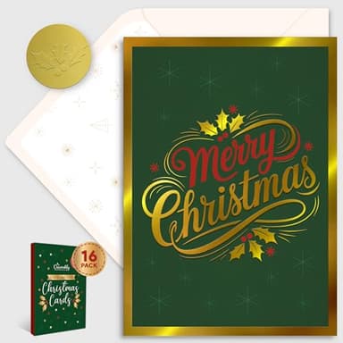 Decorably 16 Pack Gold Foil-Embossed 5x7in Green Christmas Cards with Envelopes & Stickers - 1 Folded Holiday Designs Seasons Greetings for Friends, Family & Loved Ones, with Printed Message Inside