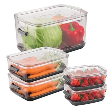 Progressive International Prepworks ProKeeper Food Fresh Produce Storage Container Set, 5- Piece, Clear Containers with Gray Sealed Tight Lids