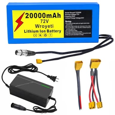Wroyeti 72V 20Ah Electric Ebike Battery 72V Lithium Ion Battery with XT90 Extension Cord, XT90 Connector to XT60 for 200-3000W Electric Bicycles Motor
