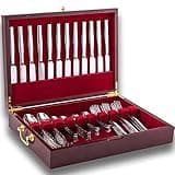GENRICE Wooden Silverware Chest without Silverware, Silverware Box Storage for Silver, Silverware Case with Handle and Felt Lined, Flatware Chest for 12 sets of Utensils