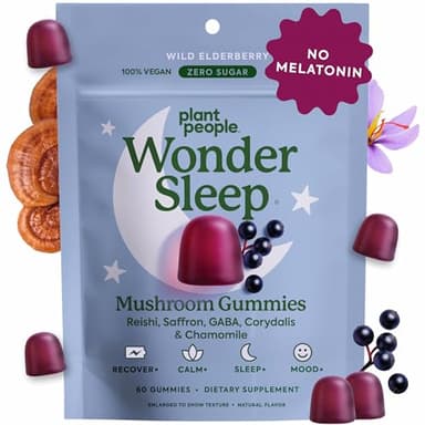 Plant People WonderSleep Mushroom Gummies Supplement for Sleep, No Melatonin with Reishi Super Mushrooms, Wild Elderberry Flavor, Sugar-Free (60 Count)