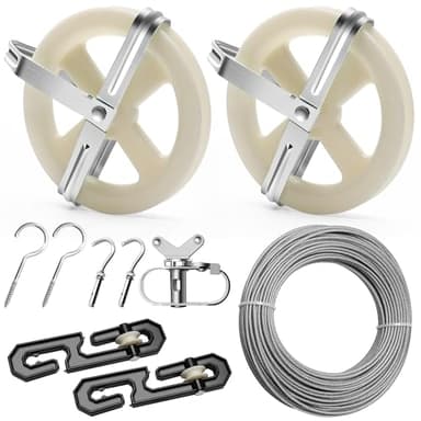 Solaradgy Outdoor Clothesline Kit, 150.9FT Heavy Duty Plastic Coated Wire Rope, Includes 2 Durable Pulleys, 2 S-Type Dividers, 1 Tightener, 2 Screw Hooks & 2 Expansion Screws