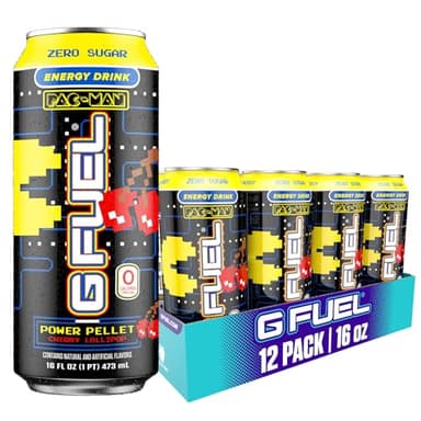 G Fuel Energy Drink, Cherry Lollipop, Sugar Free Beverage with 140mg Caffeine, Daily Energy Boost with Focus Amino, Vitamin + Antioxidants, 16 oz Cans (Pac-Man Power Pellet, 12-Pack)