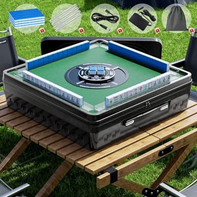 PYY Portable Automatic Mahjong Table - Foldable 144 Magnetic Mini Mahjong Tiles, Smooth Non-Jamming Shuffling, Supports American & Chinese Styles, for Outdoor & Home Fun, Black-Blue
