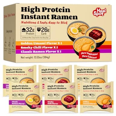 Healspot High Protein Instant Ramen Variety Pack, 6 Pack Non Fried Ramen Broth, 32g Plant Based Protein, Low Fat, Low Carb, Non GMO, Keto Friendly & Plant Based (Golden-Chicken,Smoky-Beef,Classic-Pork）