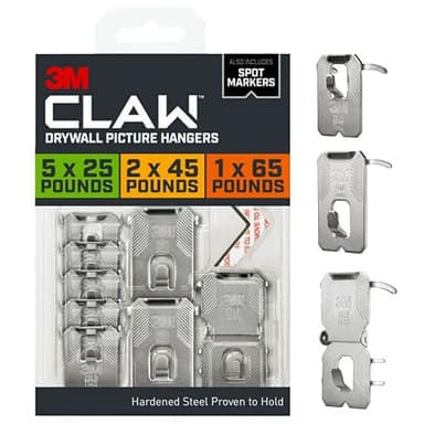 3M CLAW Drywall Picture Hangers: 25, 45, 65 lb. Variety Pack with Spot Markers / 8-pack (Silver)
