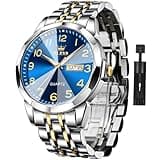 OLEVS Men Watches Business Dress Diamond Analog Quartz Date Luxury Wrist Watch Blue Casual Stainless Steel Waterproof Luminous Big Watch for Men