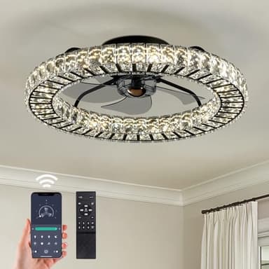 MOOONICHE Crystal Ceiling Fan with Light and Remote, 22" Luxury Dimmable Chandelier Ceiling Fan, Modern LED Fan, Low Profile Flush Mount Fandelier for Bedroom Living Room-Black