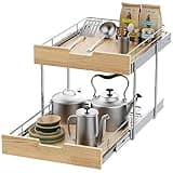 Sikarou Pull Out Cabinet Organizer,Heavy-Duty Slide Out Shelf, Wood and Wire Basket, Pull Out Drawer for for Kitchen Under Sink Space, Pantry, Bathroom, 2 Tie 14 * 21 in