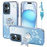 RTYQXK for Oneplus Nord N30 Phone Case,for 1+ Nord CE3 Lite Mobile Phone Case for Women and Girl, Glitter Butterfly Floral TPU Protective Cover with Kickstand+Strap for Plus One Nord N30 5G (Blue)