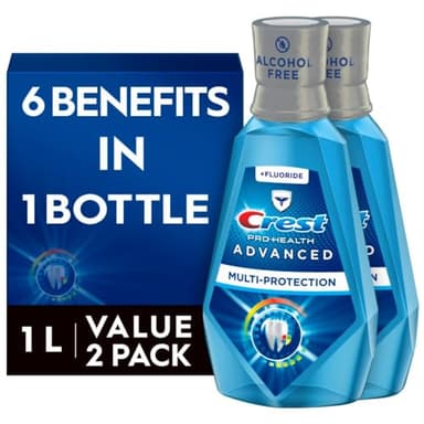Crest Pro-Health Advanced Mouthwash, Alcohol Free, Multi-Protection, Fresh Mint, 1 L (33.8 fl oz), Pack of 2, Blue