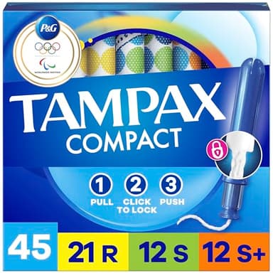 Tampax Compact Pearl Tampons for Women Multipack, with LeakGuard Braid & Extendable Applicator, Regular/Super/Super Plus Absorbency, Compact Extendable Applicator, Unscented, 45 Count