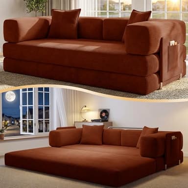CUBENTE 78.8" Convertible Futon Sofa Bed,Corduroy Futon Couch with Storage Pocket,Folding Pull Out Sofa,No Assembly Boneless Couch for Living Room,Orange