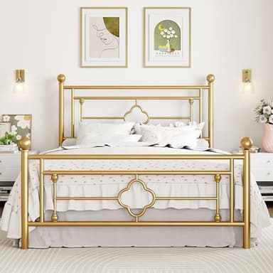 SHA CERLIN 14 Inches Queen Size Metal Platform Bed Frame/Vintage Iron-Art Headboard and Footboard/Mattress Foundation for Storage/No Box Spring Needed/Noise-Free/Easy Assembly/Gold