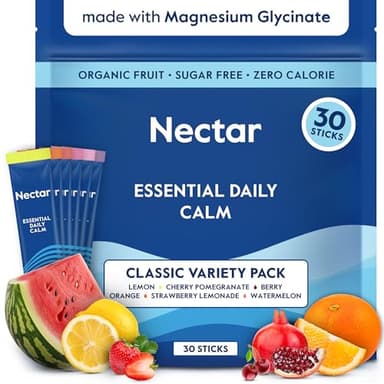 Nectar Calm Magnesium Glycinate Drink Mix - Sugar Free & Zero Calorie - with Organic Ashwagandha, Vitamin D, L-Theanine, Electrolytes - Deep Sleep, Relax, Focus & Calm - Non-GMO (Variety 30 Sticks)