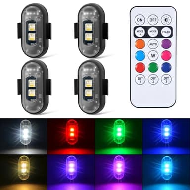 4PCS Wireless LED Strobe Lights with Remote Control, 8 Colors Rechargeable Led Lights Anti-Collision LED Emergency Warning Lights for Car Motorcycle Bike Drone Aircraft