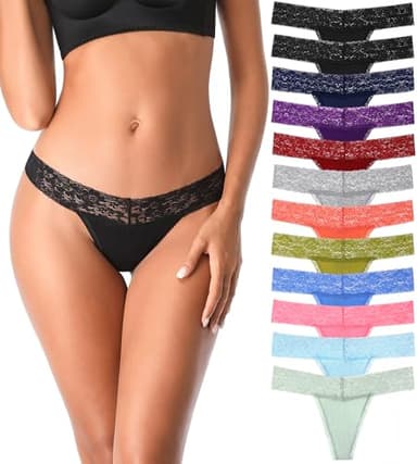 IROCUE Thongs for Women Sexy Seamless Lace Panties T Back Low Waist See Through G String Thongs Cotton Underwear for Women 12Pack L