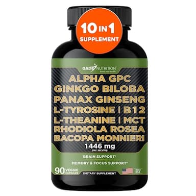 Gade Nutrition Alpha GPC + Ginkgo Biloba + Panax Ginseng + L- Tyrosine, L-Theanine, Bocopa Monnieri, Rhodiola Rosea, B12, MCT