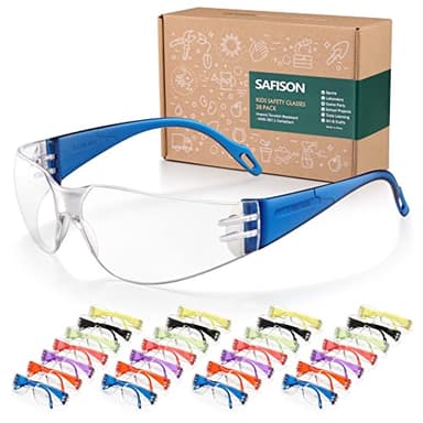 SAFISON 28 Pack Kids Safety Glasses, ANSI Z87.1 Child Size Protective Goggles in 7 Colors, Scratch and Impact Resistant Clear Lens Eyewear with Color Frame for Nerf Party/Science/School Projects