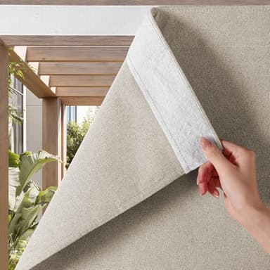 NICETOWN 100% Blackout Linen Outdoor Curtains for Patio, Waterproof & Windproof Gazebo Curtains Sticky-Back Top & Back Tab Bottom, Sun Shades with 2 Straps & Rope, W52 xL84, Natural, 2 Panels