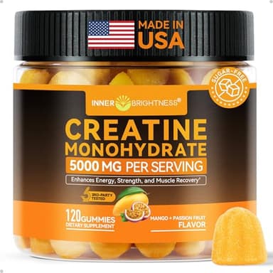 Inner Brightness Creatine Monohydrate Gummies for Men & Women 5000 mg, 3rd Party Tested, Creatine Chews for Muscle Growth, Strength & Energy Support, Sugar Free, Vegan, 120 Count, Mango Passionfruit