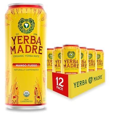 Yerba Madre Organic Yerba Mate, Energy Drink Alternative, Limited Edition Mango Fuego, 150mg Plant Based Caffeine, Smooth Energy & Focus, No Jitters or Crash, 15.5oz Cans (Pack of 12)