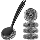 Foensc 5 Pack Steel Wool Scrubber, Improved Stainless Steel Scrubber, Metal Scrubber with Long Handle, Steel Scrubber for Dishes, Cast Iron, Pots, Pans, Grills and Sinks, Black