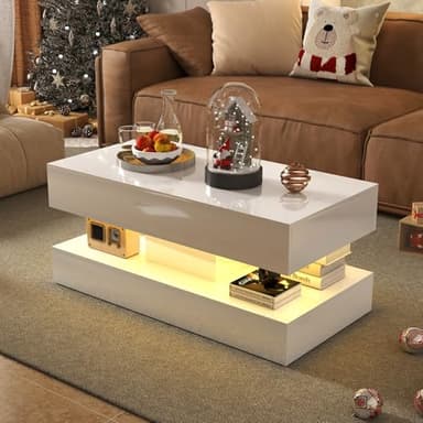 Verano Garden Modern High Gloss LED Coffee Table with Storage, 2-Tier Center Table with Open Display Shelf & 2 Sliding Drawers, Rectangle Coffee Tables for Living Room, Bedroom