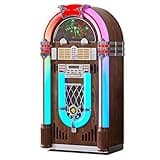 ARKROCKET Saturn V Jukebox Vinyl Record Player • USB • SD • AUX • AM/FM Radio • MP3 • CD-Player • Rainbow LED Light Up • 50s Classic Style • Full Size Floor Standing Retro Style - Dark Oak