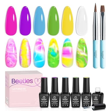 Beetles Summer Gel Nail Polish with Blooming Gel, 5 Colors Neon Pink Green Blue Purple Yellow Bright Nail Polish Clear Polish for Spreading Effect2 Nail Art Brushes UV/Led Gift Set Women
