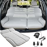 KMZ SUV Air Mattress Double Sided Thickened Flocking Car Bed – Portable Inflatable Mattress Pad for Camping & Travel with 2 Pillows & Electric Pump (Off-White and Coffee)