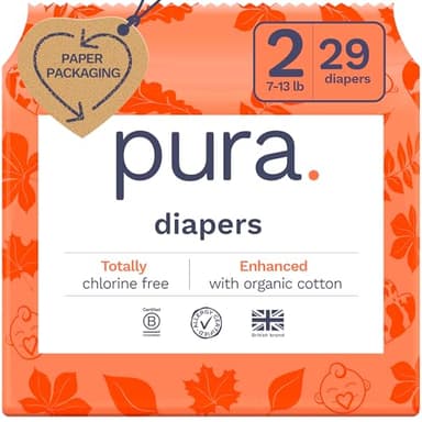 Pura Hypoallergenic Diapers, Size 2 (7-13 lbs) Totally Chlorine Free, Wetness Indicator, Suitable for Sensitive Skin, Soft Organic Cotton Comfort, Overnight, 1 Pack of 29 Baby Diapers