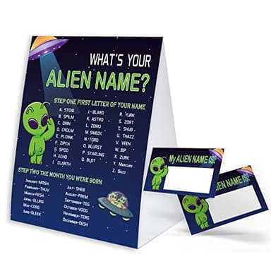 What's Your Alien Name Game Sign with Name Tag Stickers for Baby Shower, Baby Shower Decorations, Birthday Party Game, Baby Shower Games Fun for Family Class Office Activity PTWYN03