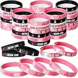 Aoriher Breast Cancer Awareness Bracelets Pink Ribbon Breast Cancer Awareness Silicone Wristbands Hope Faith Strength Courage Rubber Bracelet for Women Gifts Party Favors(48 Pcs)