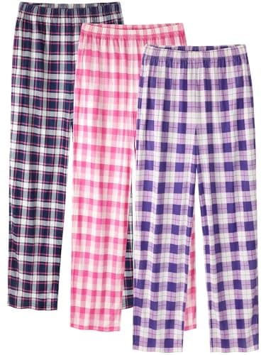 IHU 3 Pack Girls Pajama Pants Soft Cute Print Plaid Pattern PJ Bottoms Kids Lounge Sleep Pants Sleepwear with Pockets, Purple Plaid, Pink Plaid, Navy Plaid, 12-14 Years