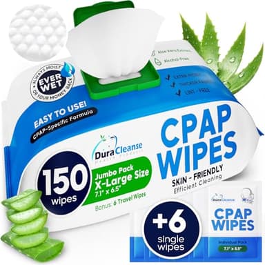 CPAP Mask Wipes - 150 Count Jumbo Pack + 6 Travel Sheets - Dura Cleanse Extra Large, Extra Moist Cleaning Wipes for Full Face, Nasal Masks Unscented Cleaner for CPAP Machine, Supplies and Accessories