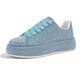 LUCKY STEP Rhinestone Sneakers for Women Platform Sparkly Glitter Bling Tennis Shoes Fashion Bedazzled Wedding Bridal Party Walking Sneakers(Blue Rhinestone,9)