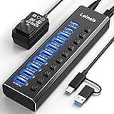 Powered USB Hub 3.2, LEINSIS 10-Port USB 3.2/USB C Hub (10Gbps USB-A 3.2 +2 USB-C 3.2 +7 USB 3.0 Ports) with Individual On/Off Switches and 12V Power Adapter, Aluminum USB Hub Powered for Laptop PC